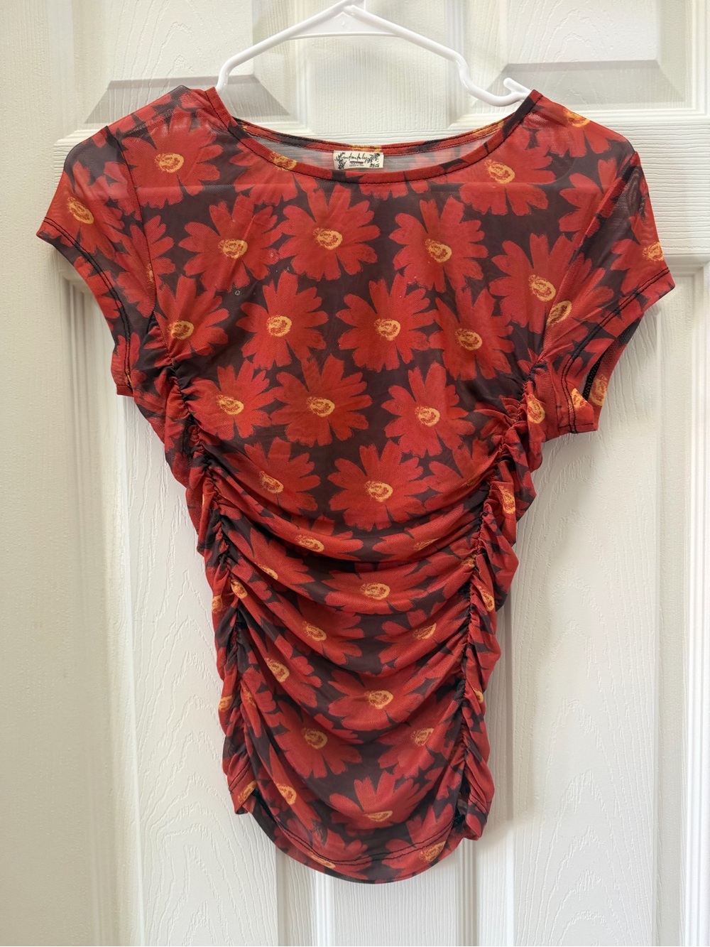 Intimately Free People Red Daisy Floral Mesh Ruched Top Size S